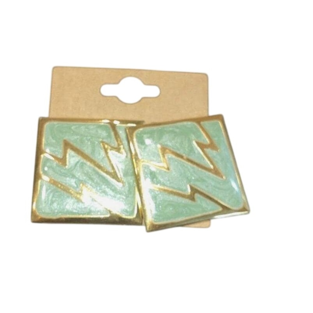 80s Geometric‎ Lightning Jade Color and Gold Tone Enamel Earrings
